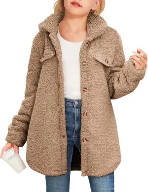Haloumoning Girls Fuzzy Fleece Jacket Casual Button Down Sherpa Overcoat Faux Fur Jackets Outwear 4-15 Years