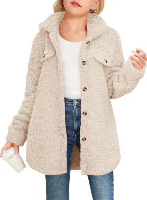 Haloumoning Girls Fuzzy Fleece Jacket Casual Button Down Sherpa Overcoat Faux Fur Jackets Outwear 4-15 Years