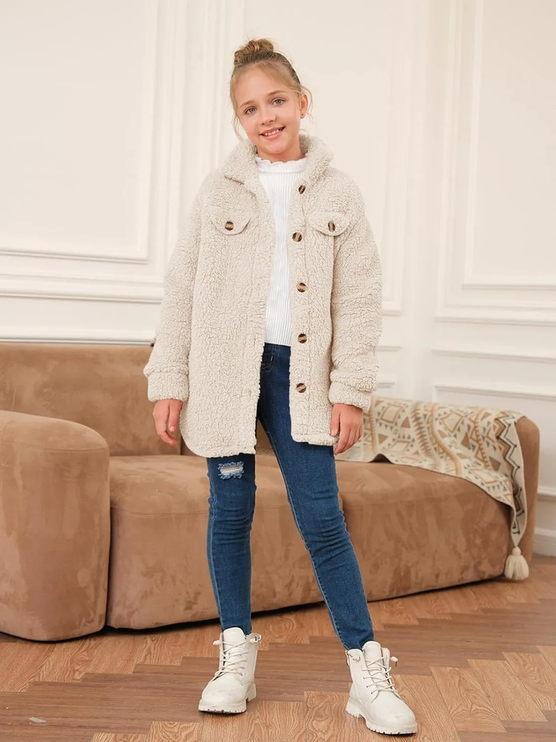 Haloumoning Girls Fuzzy Fleece Jacket Casual Button Down Sherpa Overcoat Faux Fur Jackets Outwear 4-15 Years