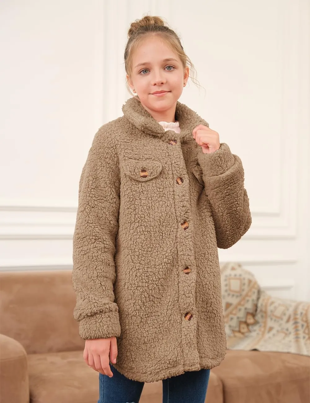 Haloumoning Girls Fuzzy Fleece Jacket Casual Button Down Sherpa Overcoat Faux Fur Jackets Outwear 4-15 Years
