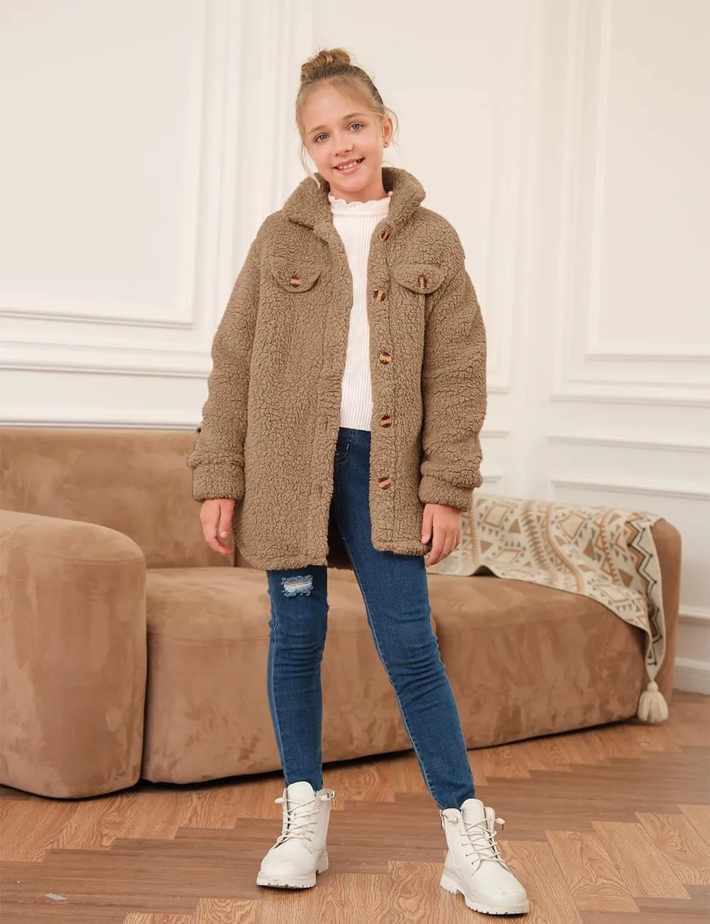 Haloumoning Girls Fuzzy Fleece Jacket Casual Button Down Sherpa Overcoat Faux Fur Jackets Outwear 4-15 Years