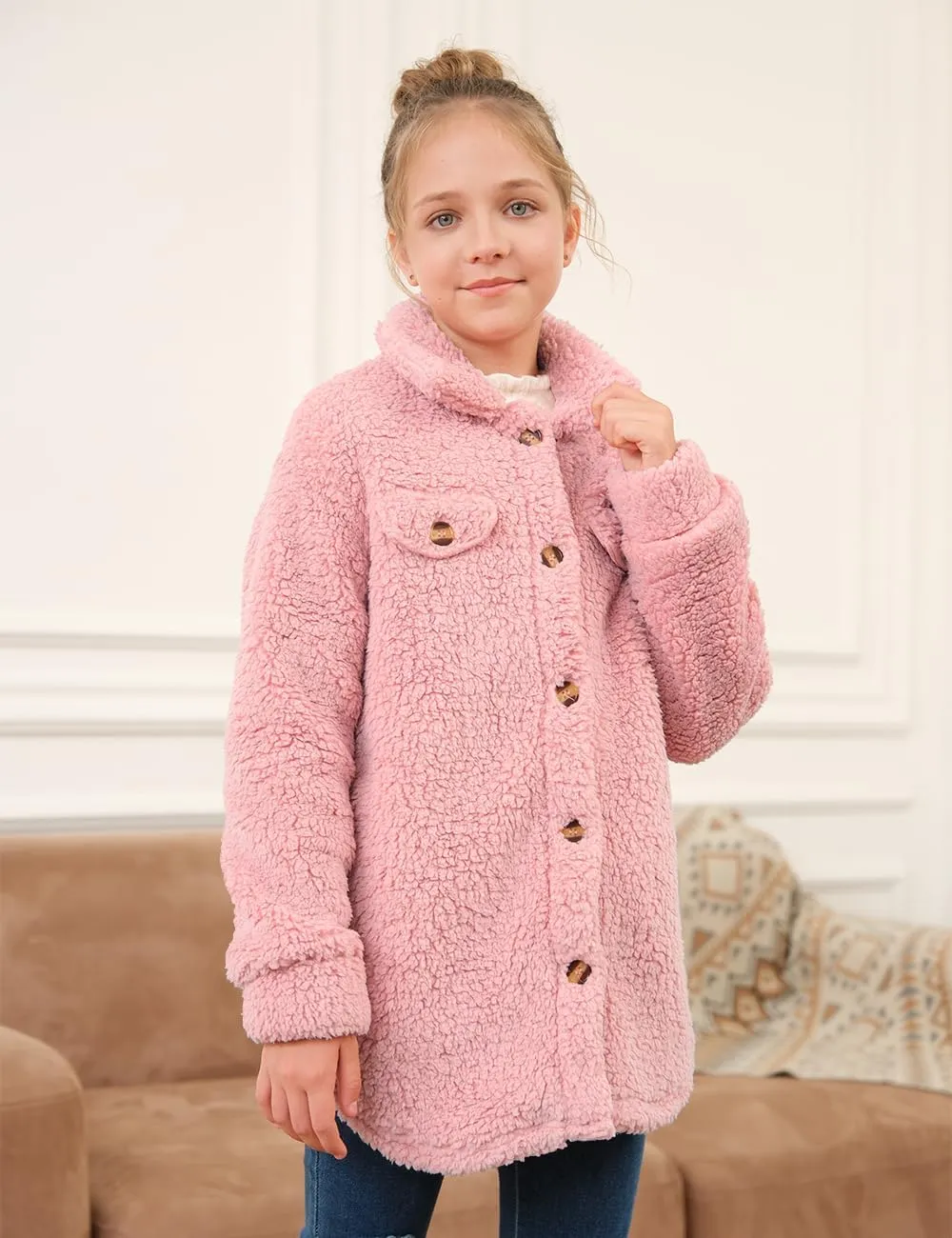 Haloumoning Girls Fuzzy Fleece Jacket Casual Button Down Sherpa Overcoat Faux Fur Jackets Outwear 4-15 Years