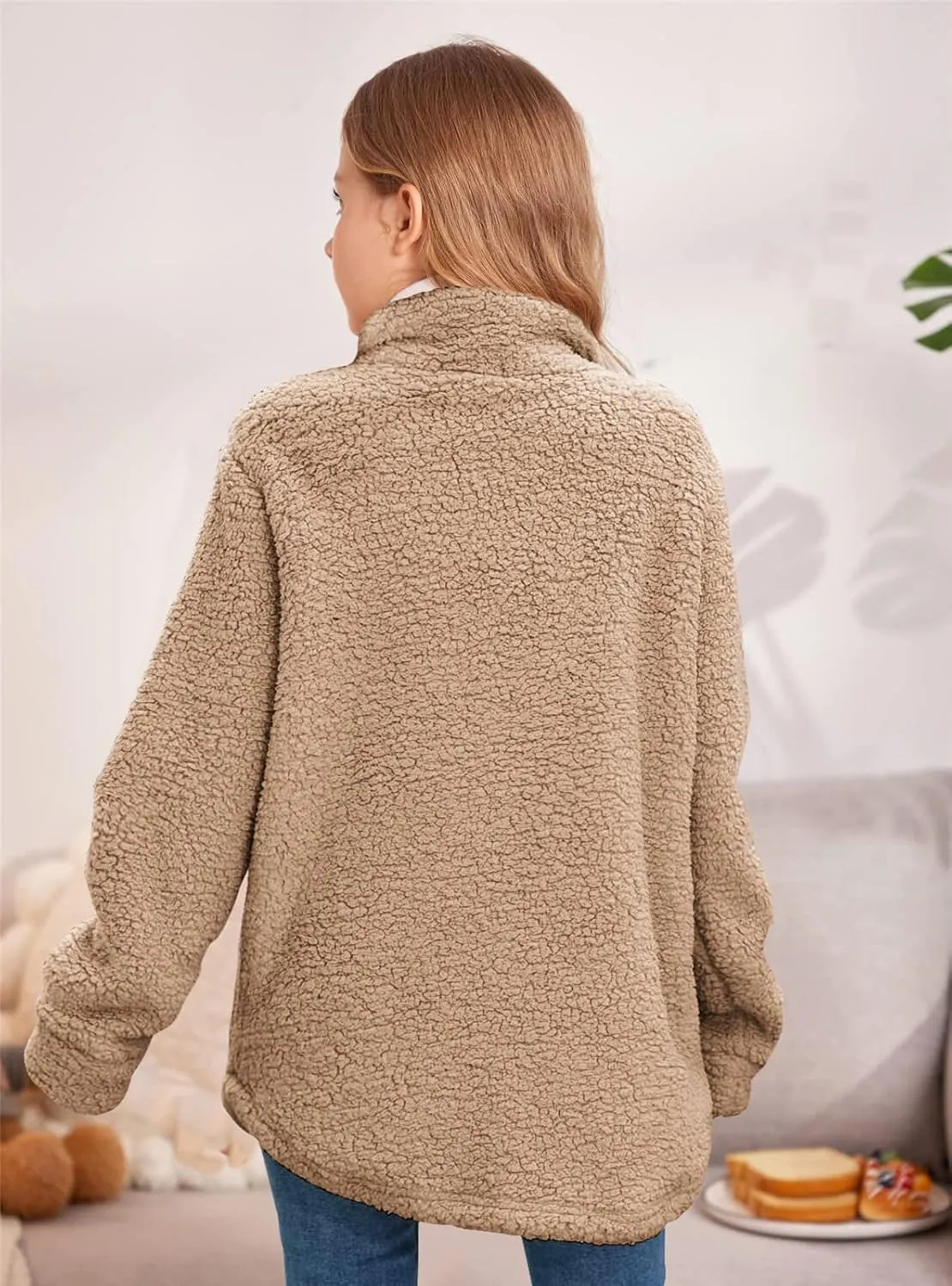 Haloumoning Girls Fuzzy Fleece Jacket Casual Button Down Sherpa Overcoat Faux Fur Jackets Outwear 4-15 Years