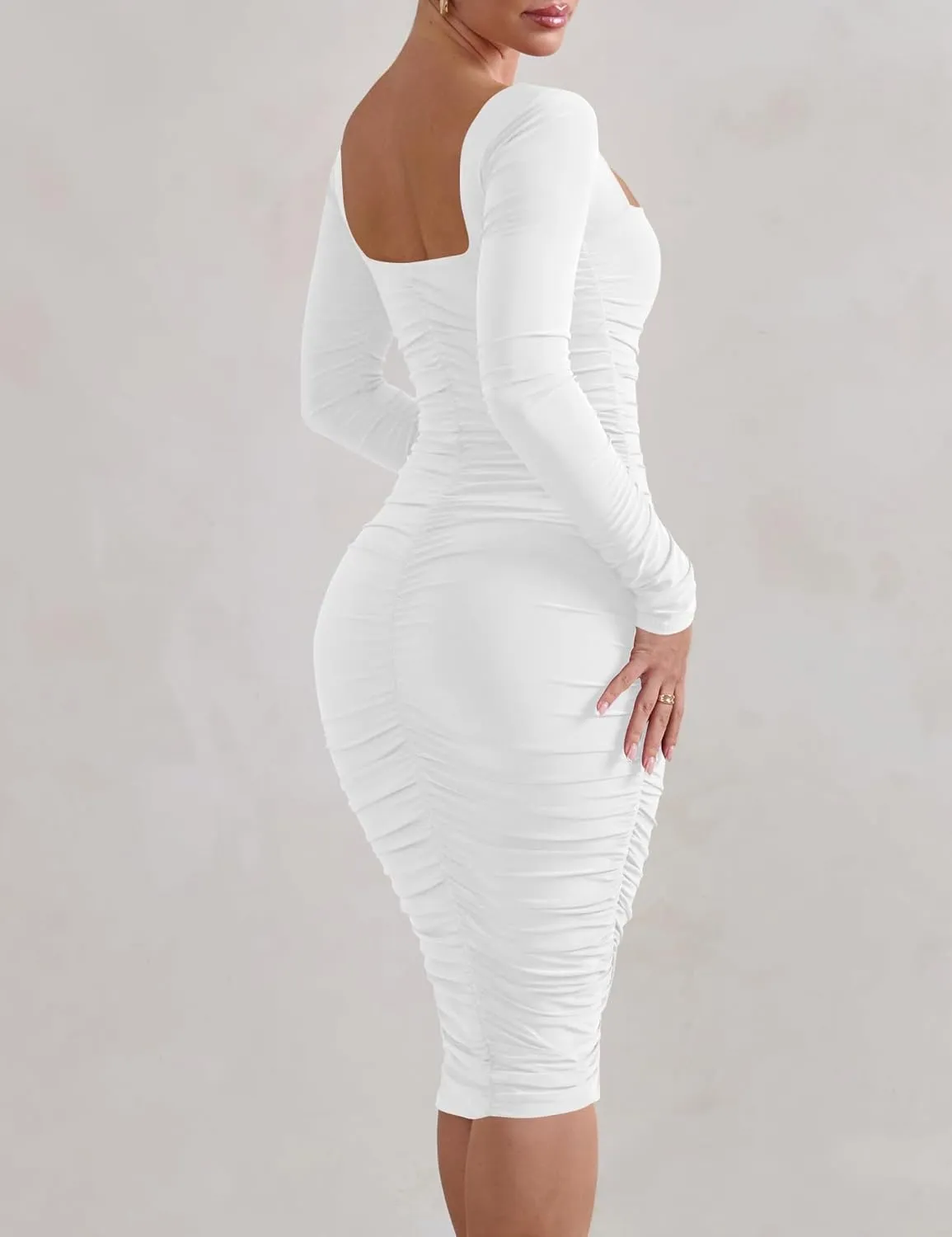 HOCILLE Women's Sexy Long Sleeve Bodycon Square Neck Ruched Cocktail Party Midi Dresses