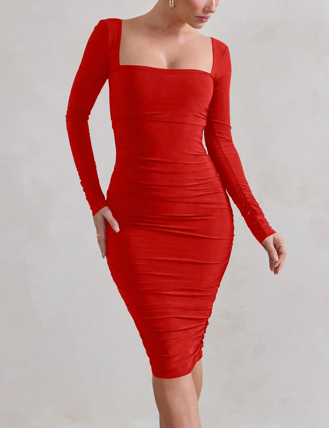 HOCILLE Women's Sexy Long Sleeve Bodycon Square Neck Ruched Cocktail Party Midi Dresses