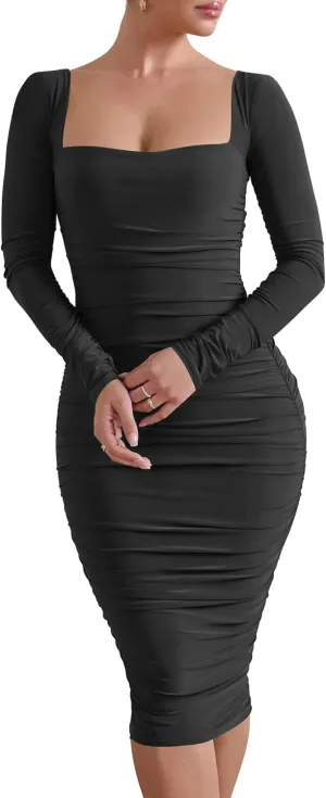 HOCILLE Women's Sexy Long Sleeve Bodycon Square Neck Ruched Cocktail Party Midi Dresses
