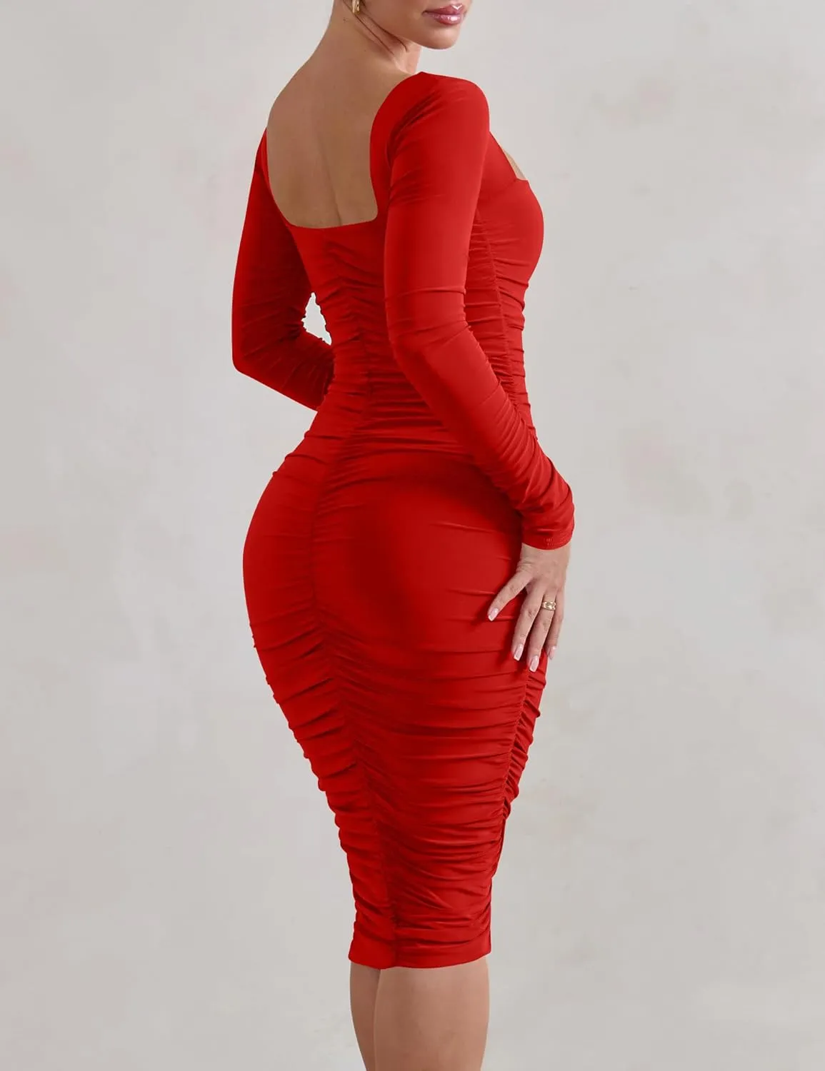 HOCILLE Women's Sexy Long Sleeve Bodycon Square Neck Ruched Cocktail Party Midi Dresses