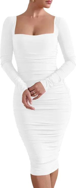 HOCILLE Women's Sexy Long Sleeve Bodycon Square Neck Ruched Cocktail Party Midi Dresses