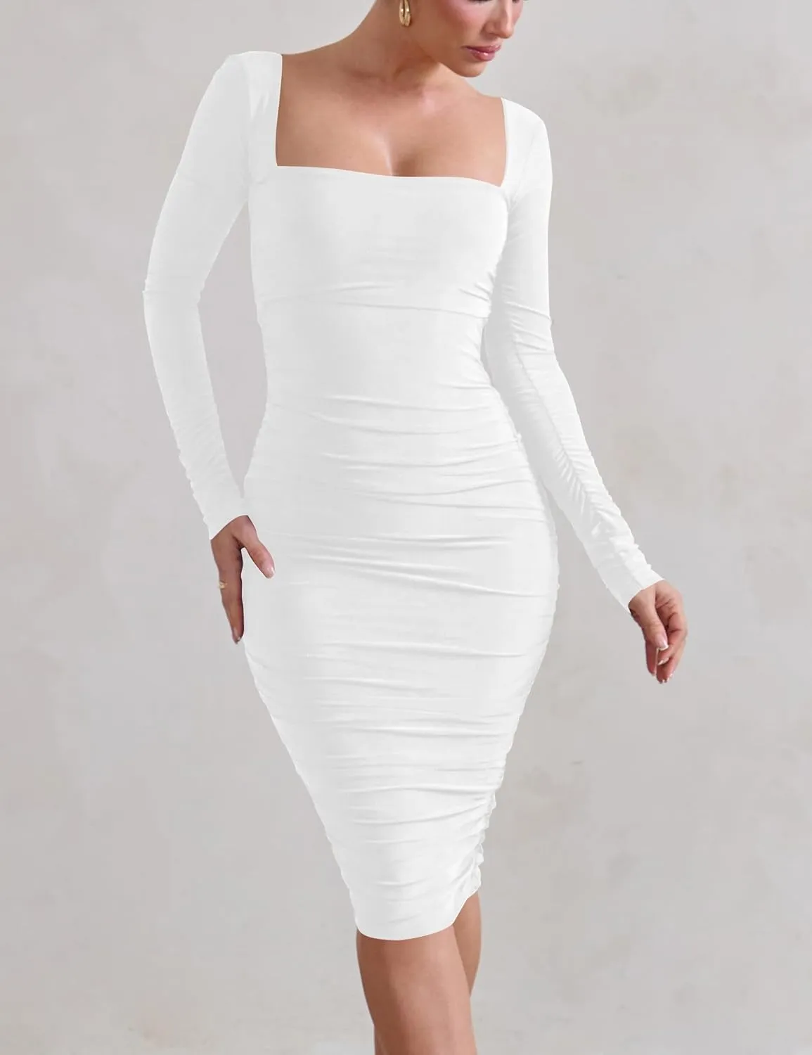 HOCILLE Women's Sexy Long Sleeve Bodycon Square Neck Ruched Cocktail Party Midi Dresses