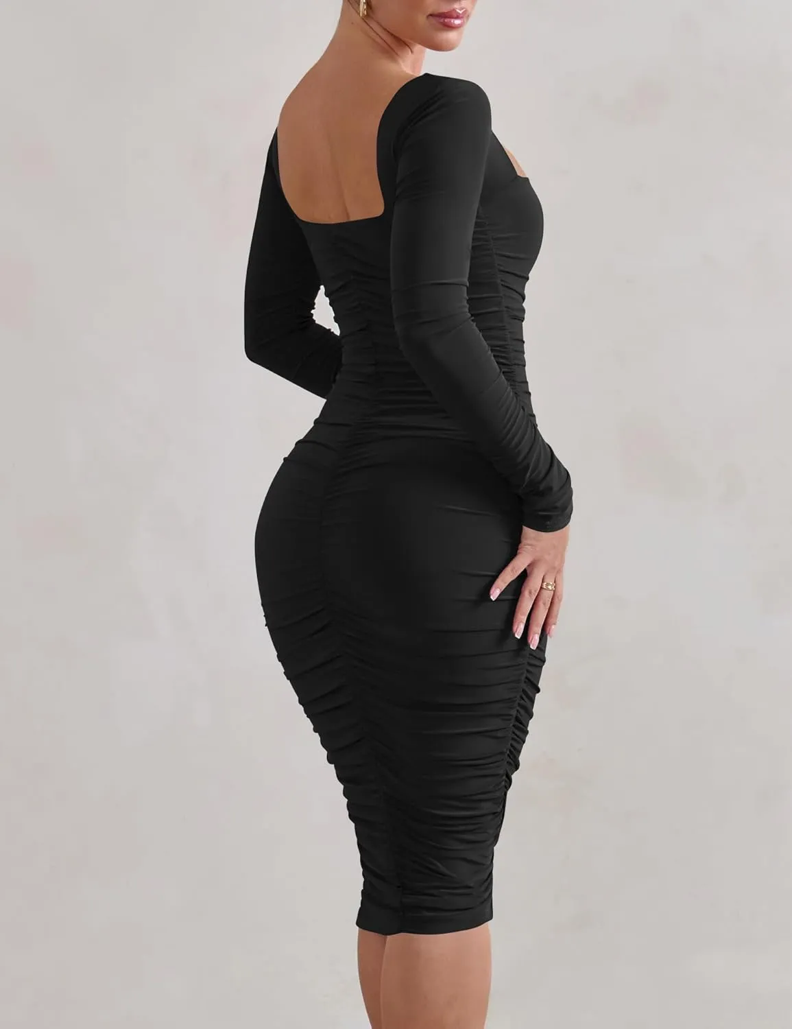 HOCILLE Women's Sexy Long Sleeve Bodycon Square Neck Ruched Cocktail Party Midi Dresses
