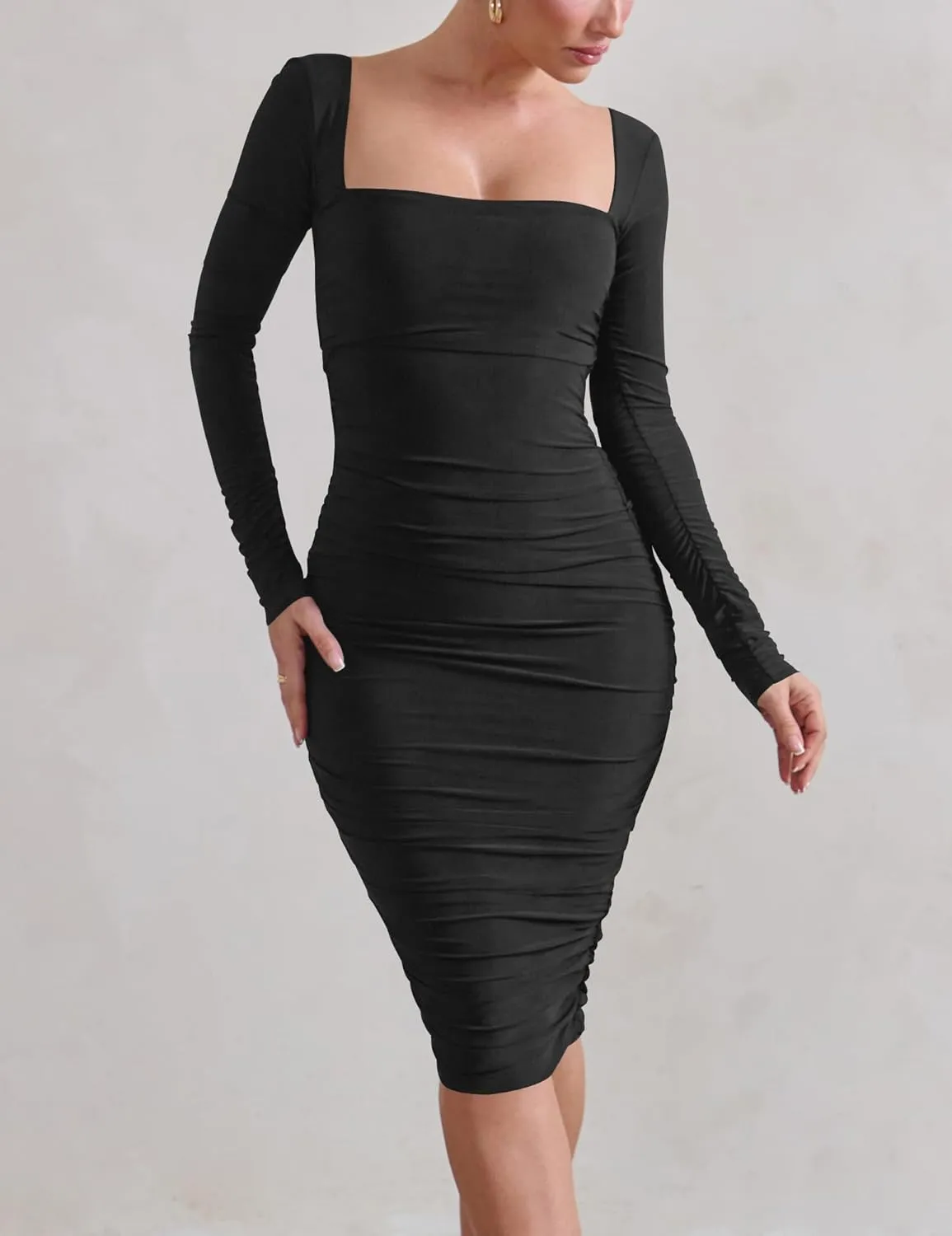 HOCILLE Women's Sexy Long Sleeve Bodycon Square Neck Ruched Cocktail Party Midi Dresses