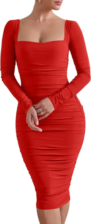 HOCILLE Women's Sexy Long Sleeve Bodycon Square Neck Ruched Cocktail Party Midi Dresses