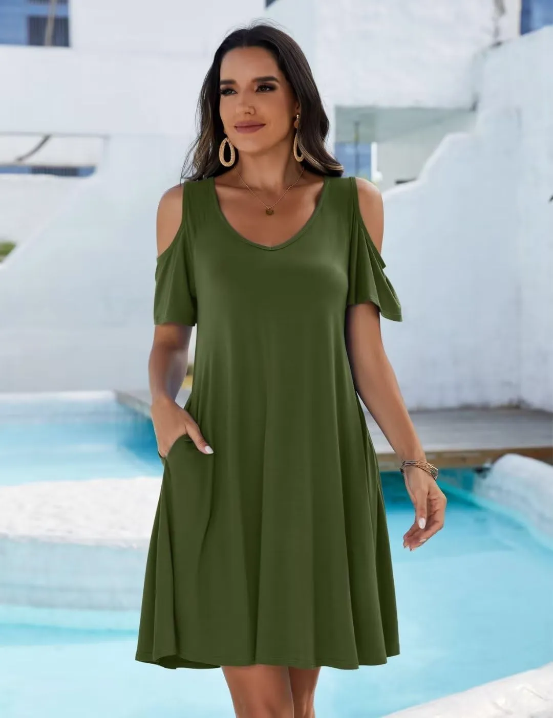 JollieLovin Womens Plus Size Short Sleeve Cold Shoulder V Neck T-Shirt Dress with Pockets