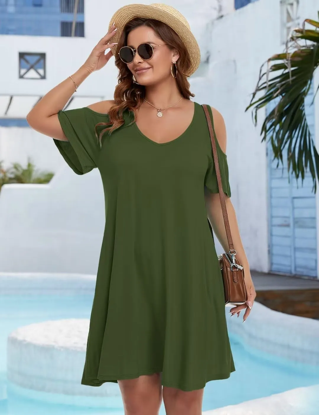 JollieLovin Womens Plus Size Short Sleeve Cold Shoulder V Neck T-Shirt Dress with Pockets