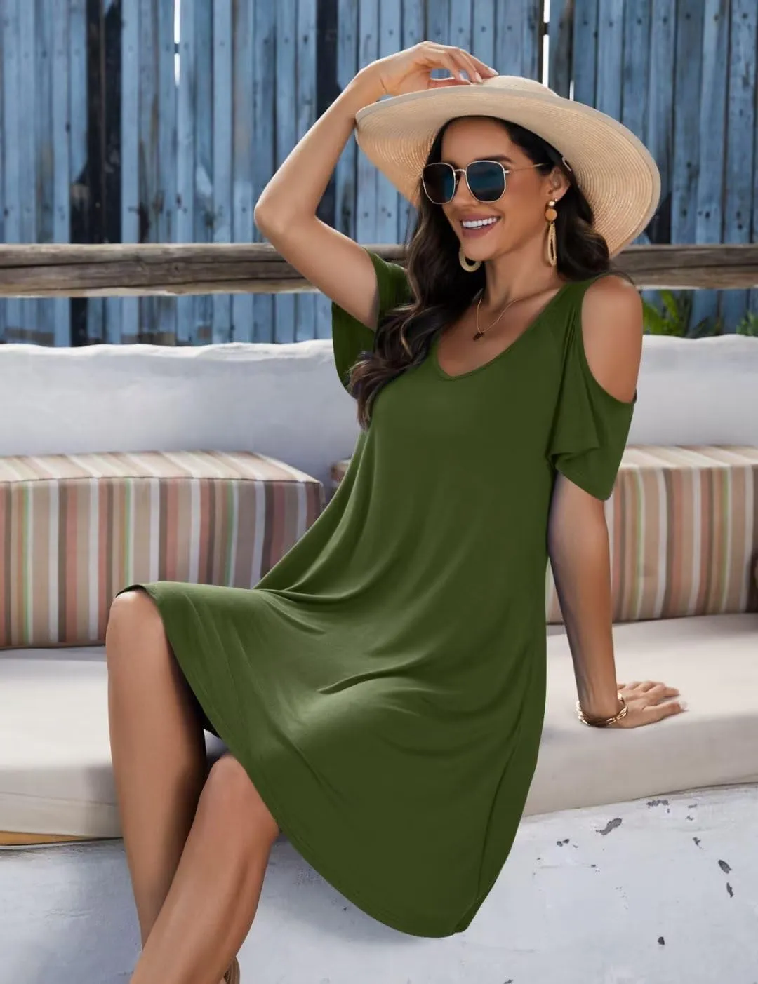 JollieLovin Womens Plus Size Short Sleeve Cold Shoulder V Neck T-Shirt Dress with Pockets