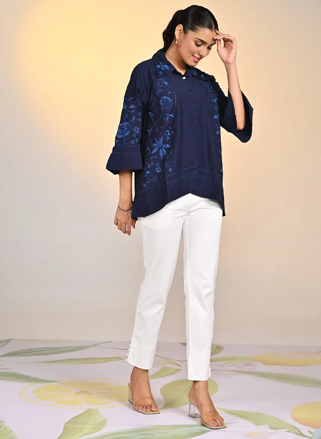 Laira Blue Embroidered Tencel Top for Women
