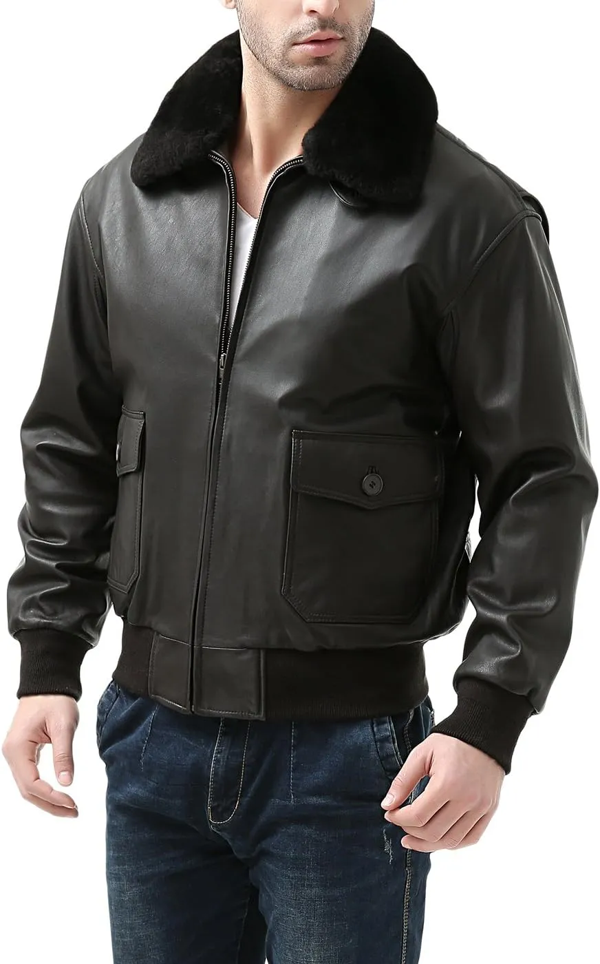 Landing Leathers Men Premium Navy G-1 Goatskin Leather Flight Bomber Jacket (Also available in Big & Tall)