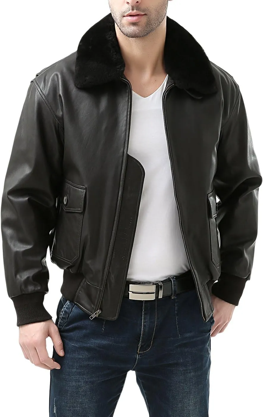 Landing Leathers Men Premium Navy G-1 Goatskin Leather Flight Bomber Jacket (Also available in Big & Tall)