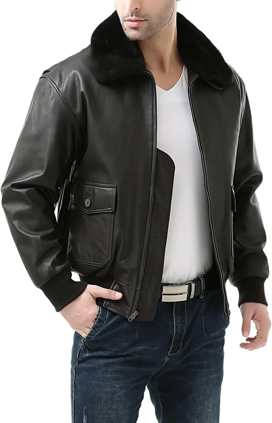 Landing Leathers Men Premium Navy G-1 Goatskin Leather Flight Bomber Jacket (Also available in Big & Tall)