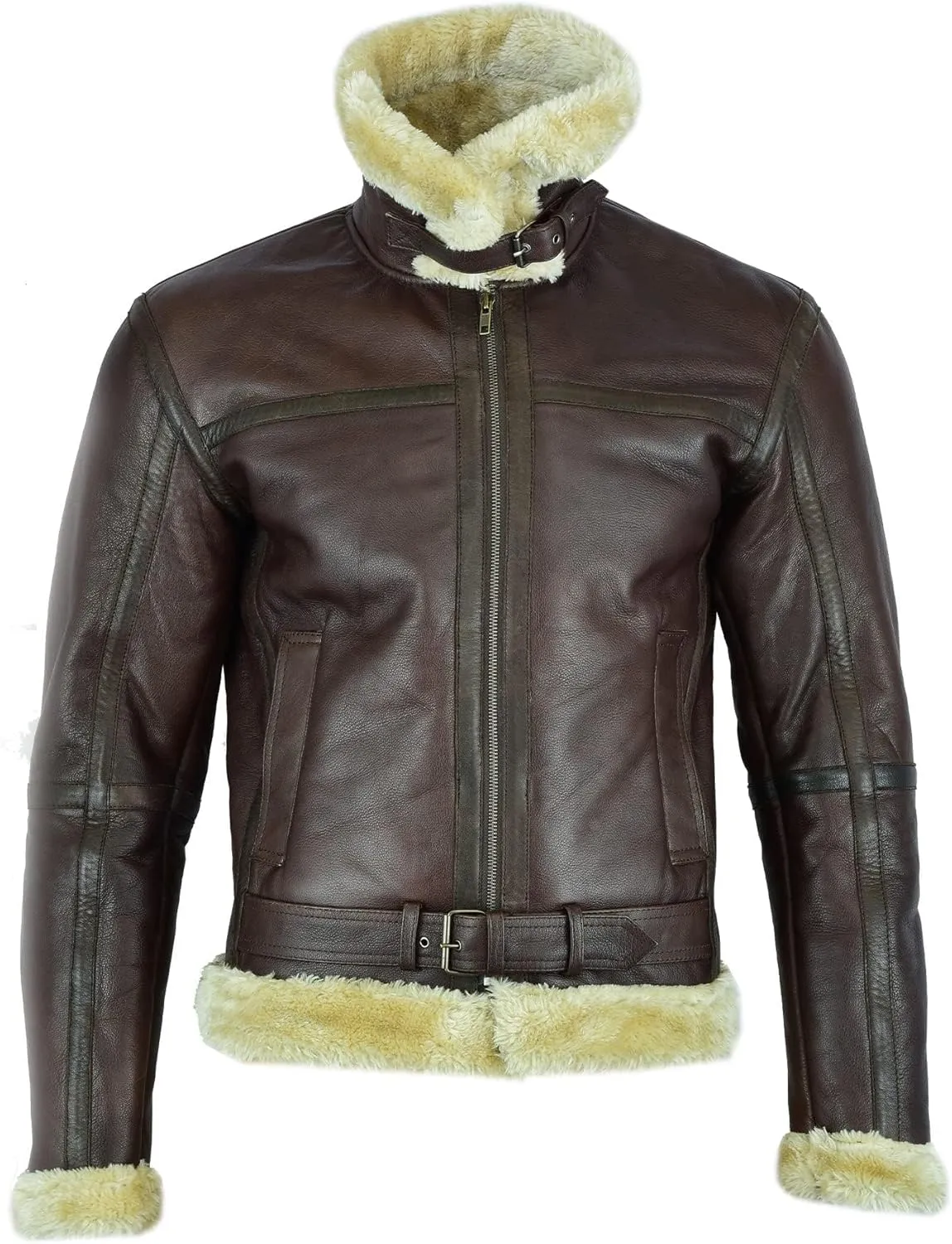 Leatherick Men Brown Aviator Real Goat Skin Leather Shearling Style Vintage Bomber Flying Jacket