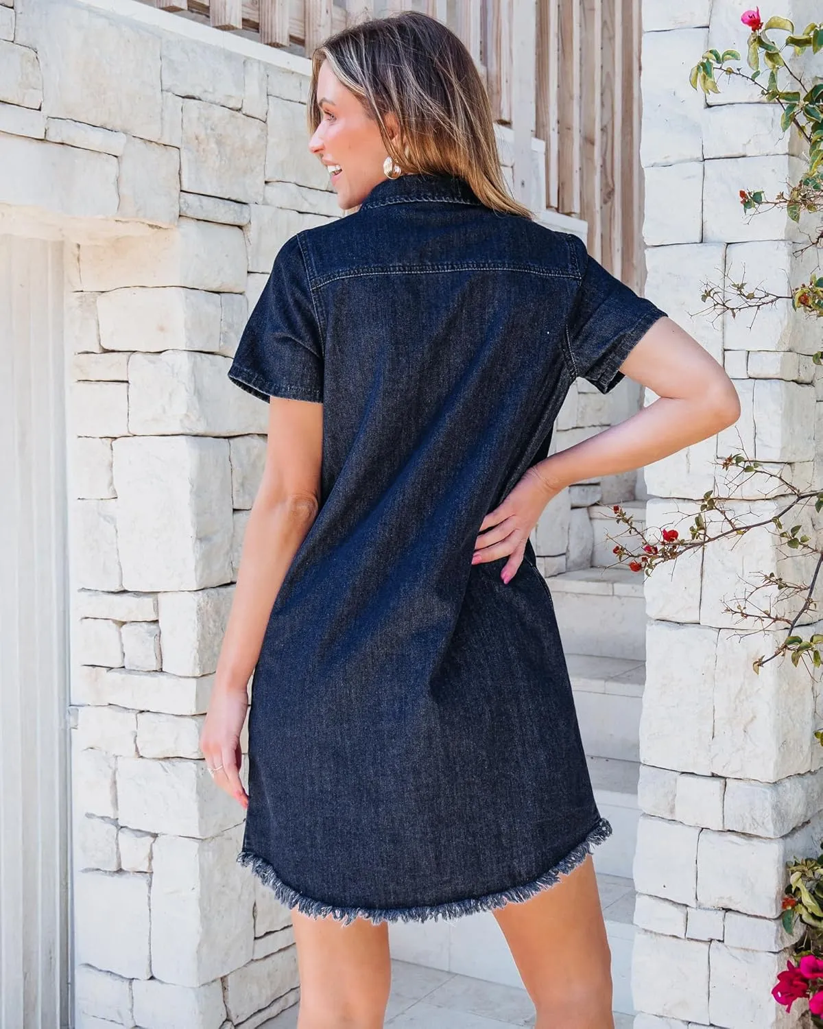 luvamia Denim Dresses for Women Distressed Summer Short Sleeve Button Down Collared Raw Hem Jean Shirt Dress with Pocket