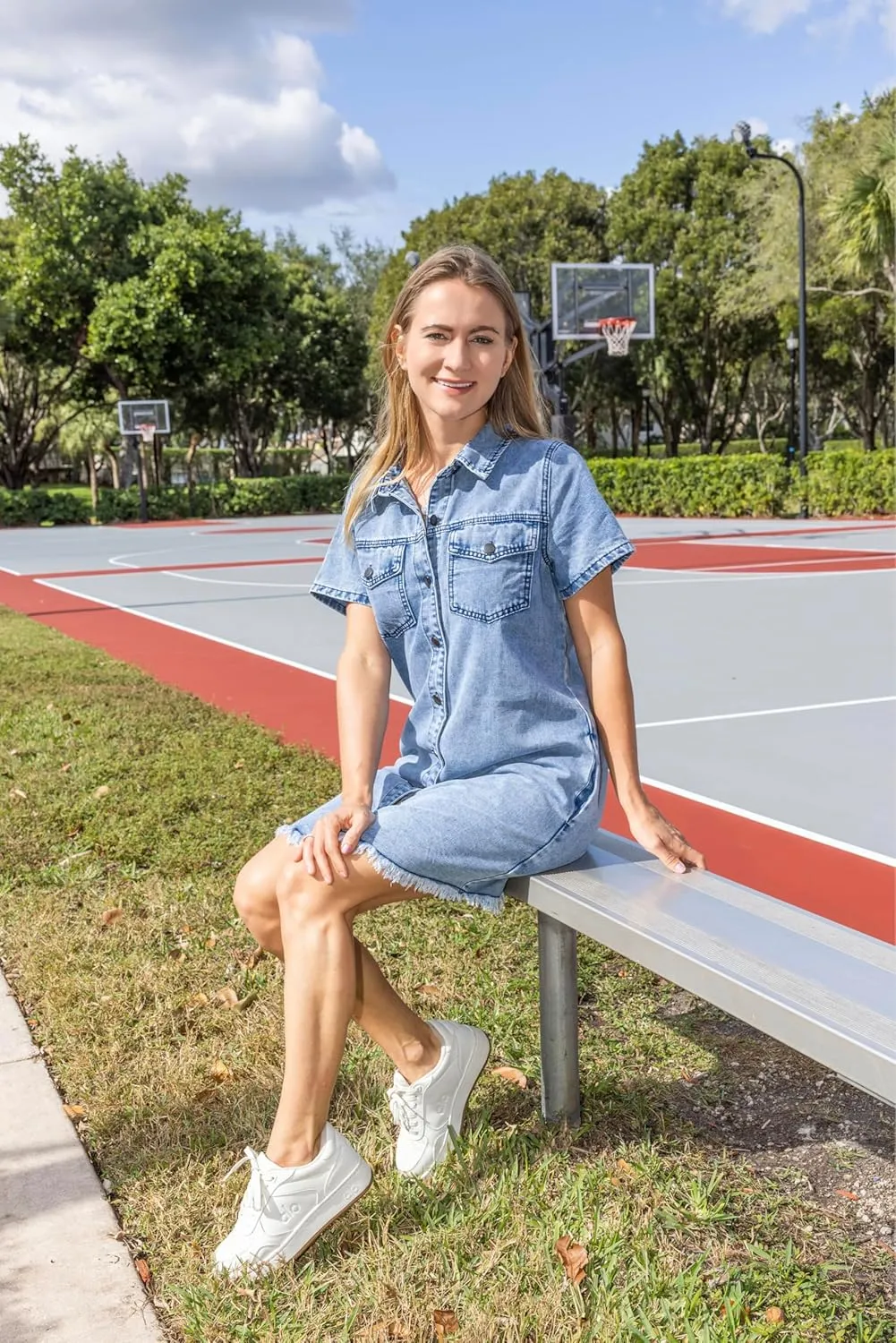 luvamia Denim Dresses for Women Distressed Summer Short Sleeve Button Down Collared Raw Hem Jean Shirt Dress with Pocket