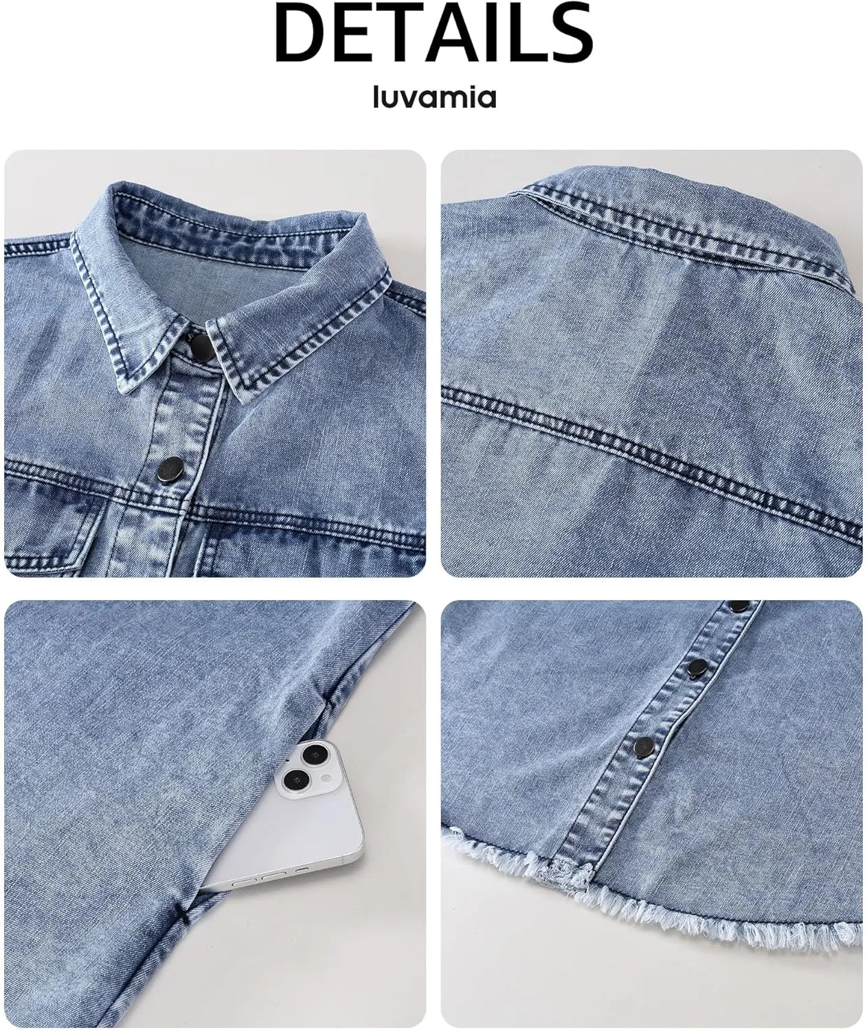 luvamia Denim Dresses for Women Distressed Summer Short Sleeve Button Down Collared Raw Hem Jean Shirt Dress with Pocket