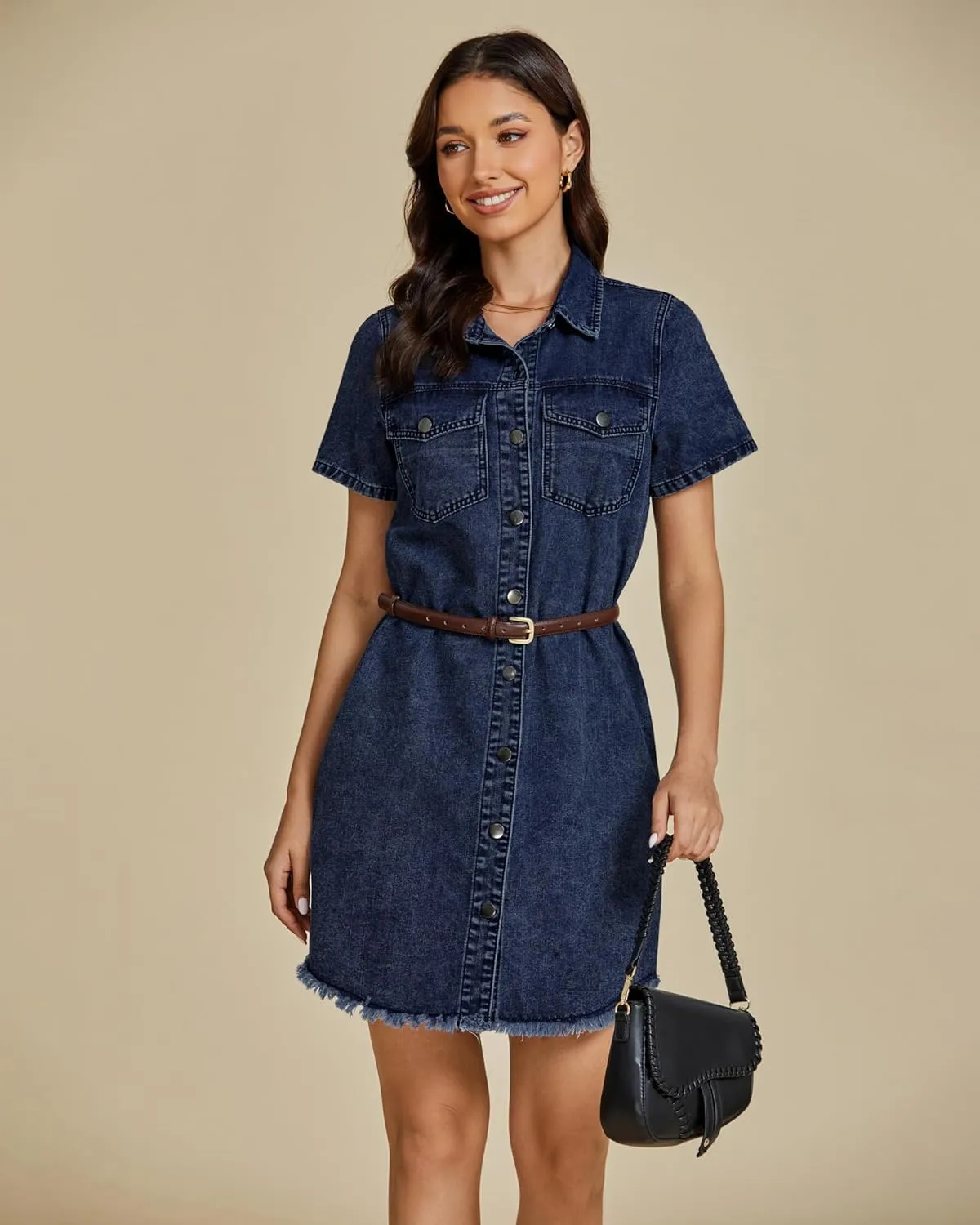 luvamia Denim Dresses for Women Distressed Summer Short Sleeve Button Down Collared Raw Hem Jean Shirt Dress with Pocket