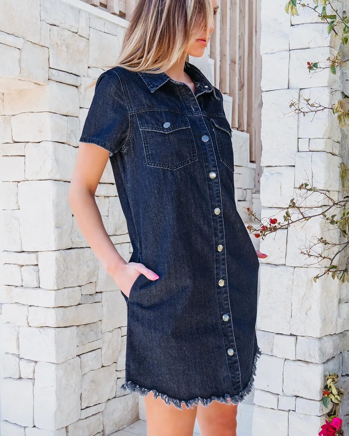 luvamia Denim Dresses for Women Distressed Summer Short Sleeve Button Down Collared Raw Hem Jean Shirt Dress with Pocket