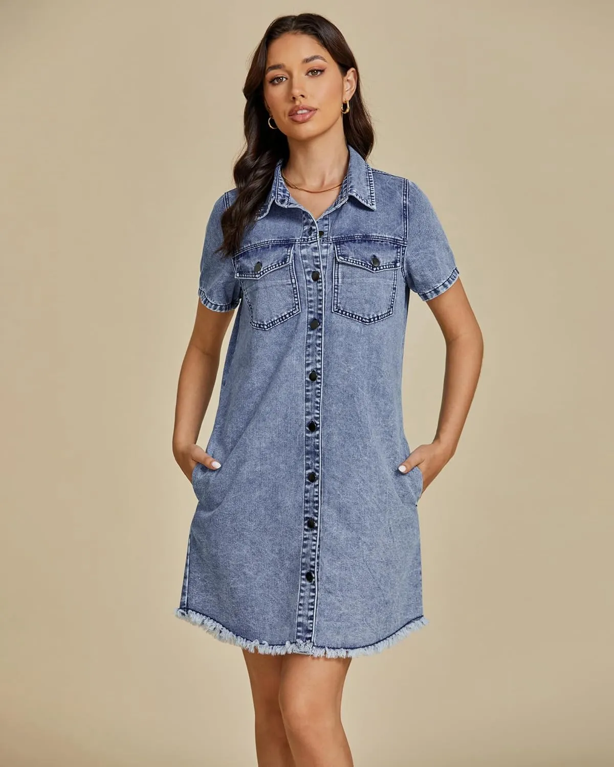 luvamia Denim Dresses for Women Distressed Summer Short Sleeve Button Down Collared Raw Hem Jean Shirt Dress with Pocket