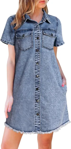 luvamia Denim Dresses for Women Distressed Summer Short Sleeve Button Down Collared Raw Hem Jean Shirt Dress with Pocket