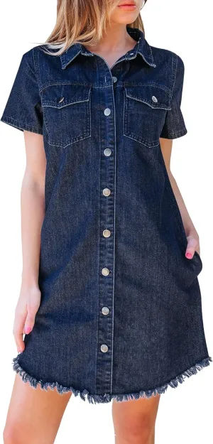 luvamia Denim Dresses for Women Distressed Summer Short Sleeve Button Down Collared Raw Hem Jean Shirt Dress with Pocket