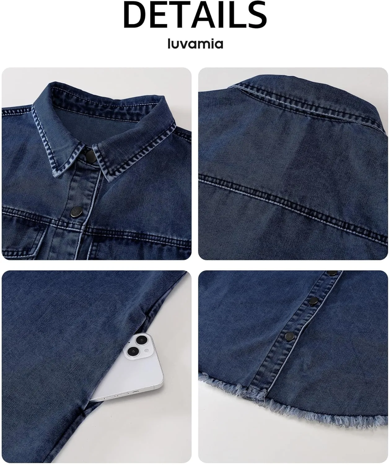 luvamia Denim Dresses for Women Distressed Summer Short Sleeve Button Down Collared Raw Hem Jean Shirt Dress with Pocket