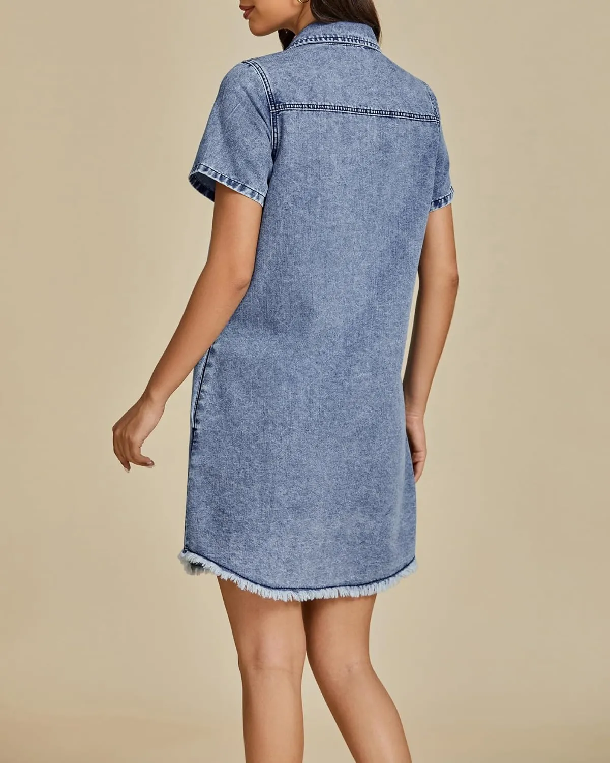 luvamia Denim Dresses for Women Distressed Summer Short Sleeve Button Down Collared Raw Hem Jean Shirt Dress with Pocket