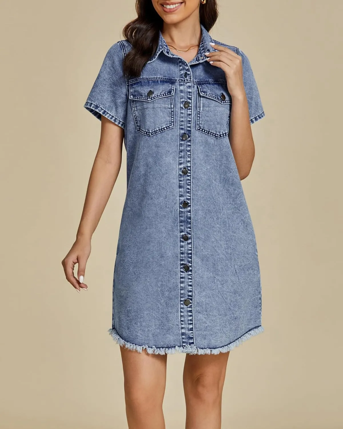 luvamia Denim Dresses for Women Distressed Summer Short Sleeve Button Down Collared Raw Hem Jean Shirt Dress with Pocket