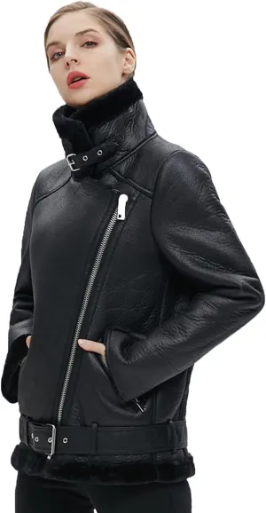 LY VAREY LIN Women's Faux Shearing Moto Jacket Thick Lined Parka Winter Shearling Coat Leather Jacket