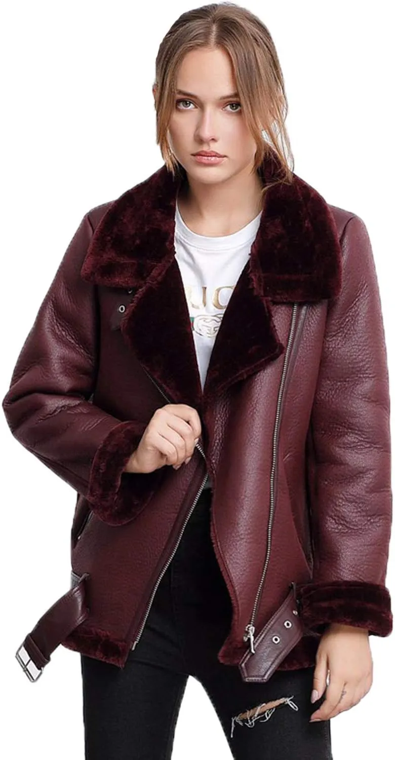 LY VAREY LIN Women's Faux Shearing Moto Jacket Thick Lined Parka Winter Shearling Coat Leather Jacket