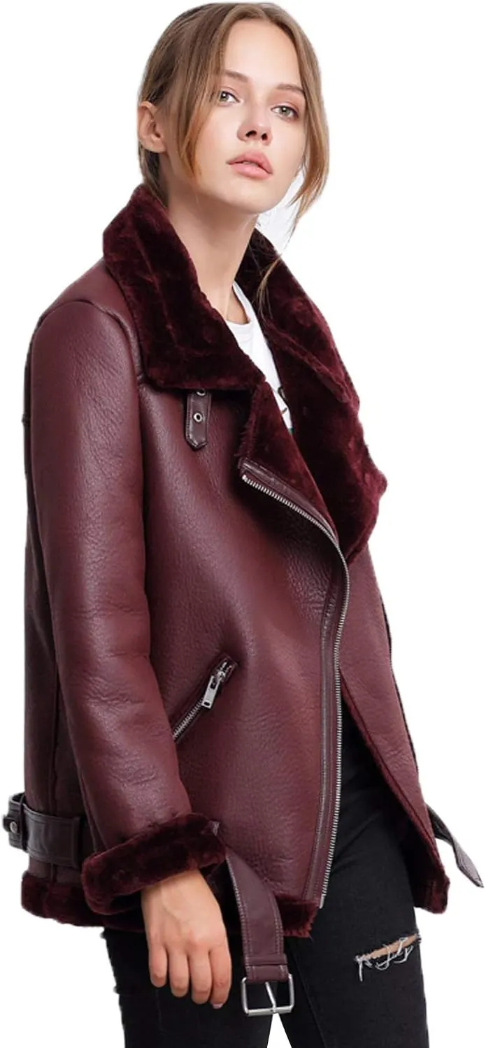 LY VAREY LIN Women's Faux Shearing Moto Jacket Thick Lined Parka Winter Shearling Coat Leather Jacket