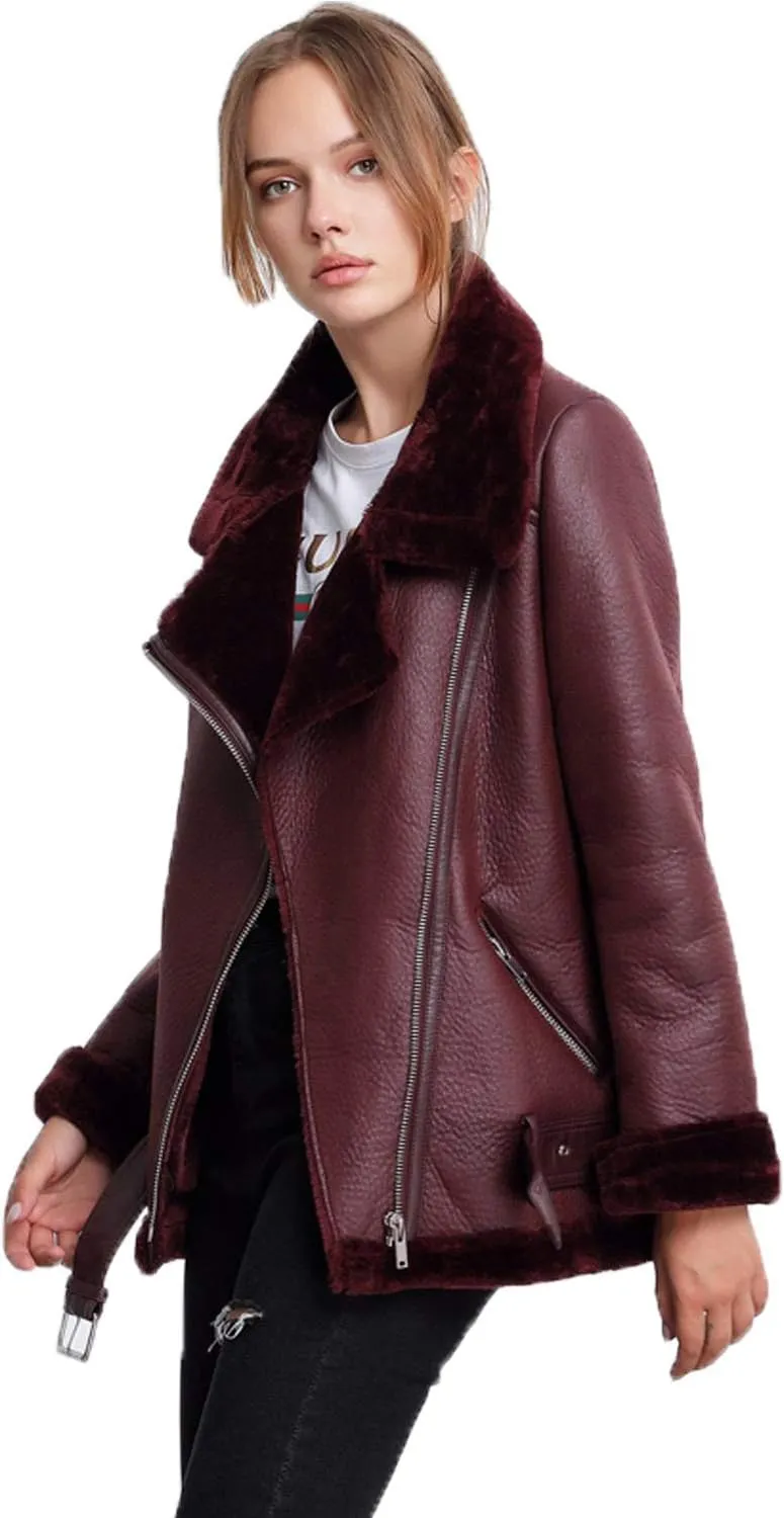 LY VAREY LIN Women's Faux Shearing Moto Jacket Thick Lined Parka Winter Shearling Coat Leather Jacket