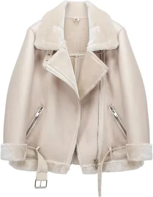 LY VAREY LIN Women's Faux Shearing Moto Jacket Thick Lined Parka Winter Shearling Coat Leather Jacket