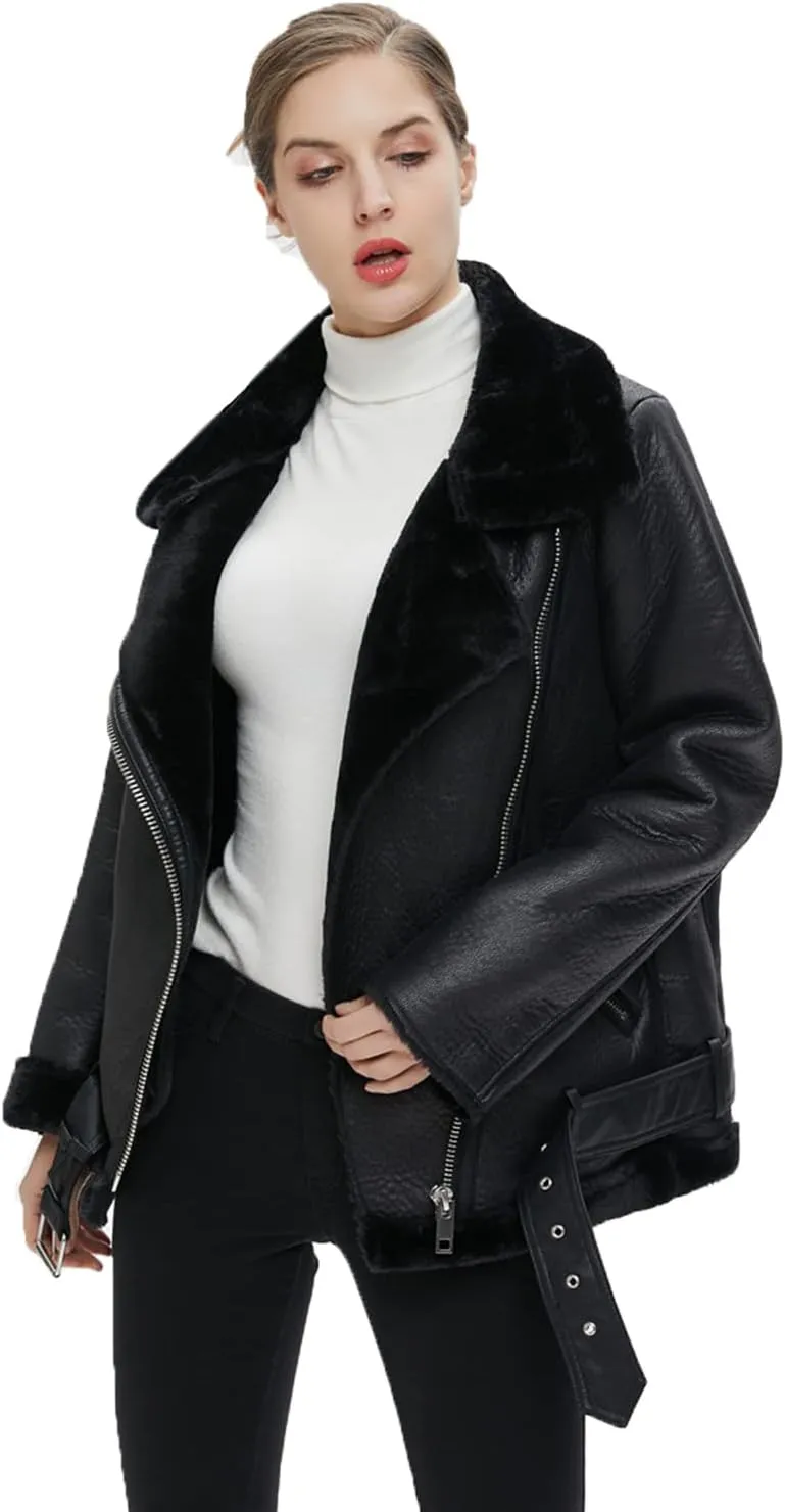 LY VAREY LIN Women's Faux Shearing Moto Jacket Thick Lined Parka Winter Shearling Coat Leather Jacket