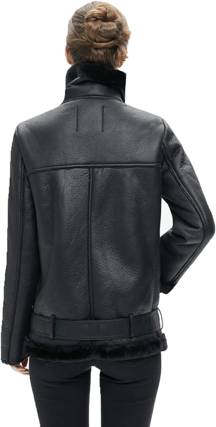 LY VAREY LIN Women's Faux Shearing Moto Jacket Thick Lined Parka Winter Shearling Coat Leather Jacket