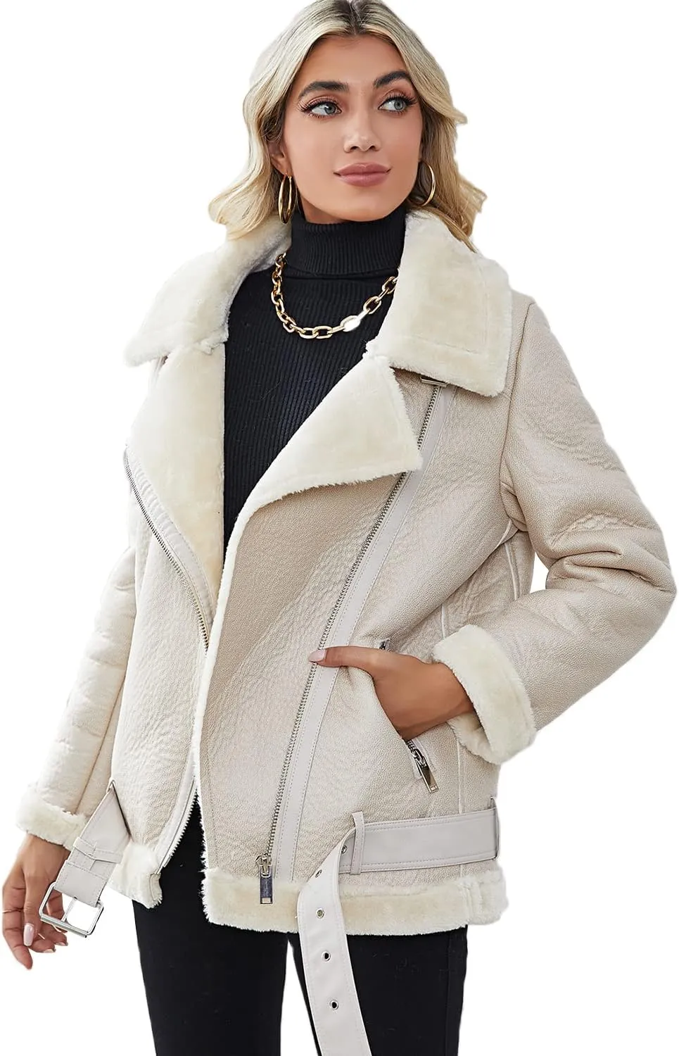 LY VAREY LIN Women's Faux Shearing Moto Jacket Thick Lined Parka Winter Shearling Coat Leather Jacket