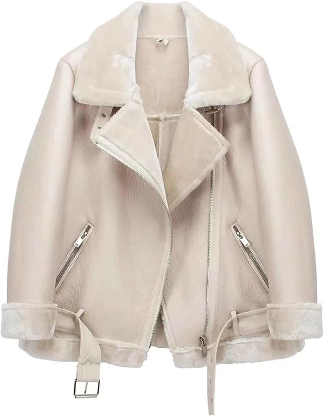 LY VAREY LIN Women's Faux Shearing Moto Jacket Thick Lined Parka Winter Shearling Coat Leather Jacket