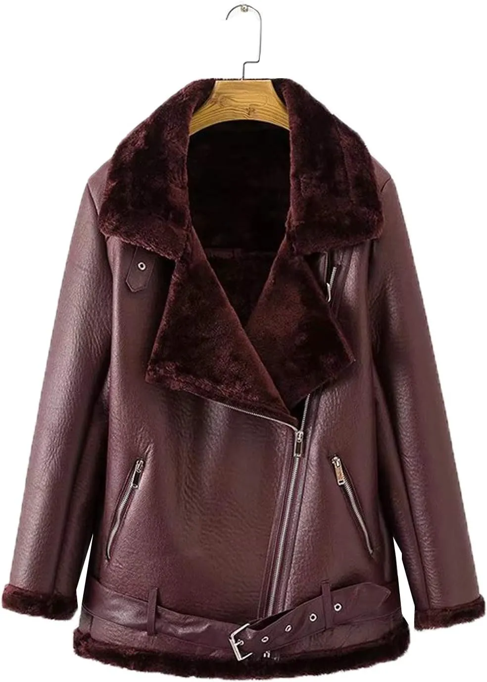 LY VAREY LIN Women's Faux Shearing Moto Jacket Thick Lined Parka Winter Shearling Coat Leather Jacket