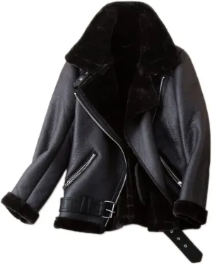 LY VAREY LIN Women's Faux Shearing Moto Jacket Thick Lined Parka Winter Shearling Coat Leather Jacket