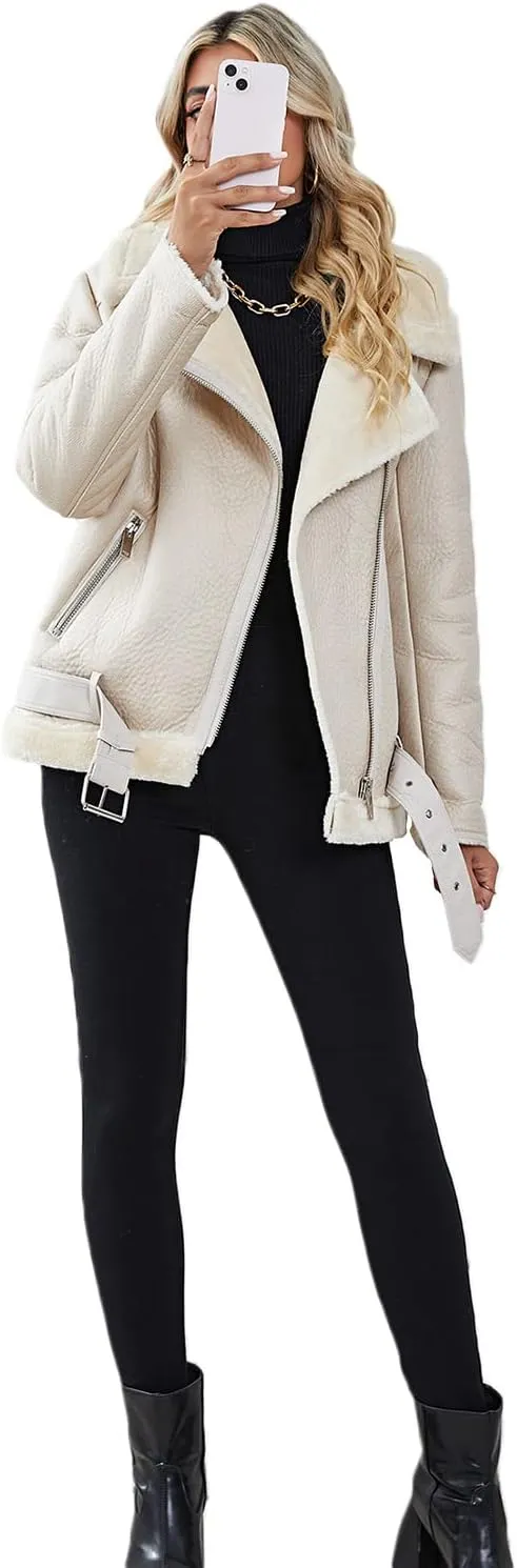 LY VAREY LIN Women's Faux Shearing Moto Jacket Thick Lined Parka Winter Shearling Coat Leather Jacket