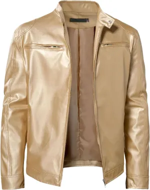 Men's Casual Leather Jacket Motorcycle Lightweight PU Outwear Stand Collar Bomber Leather Jacket
