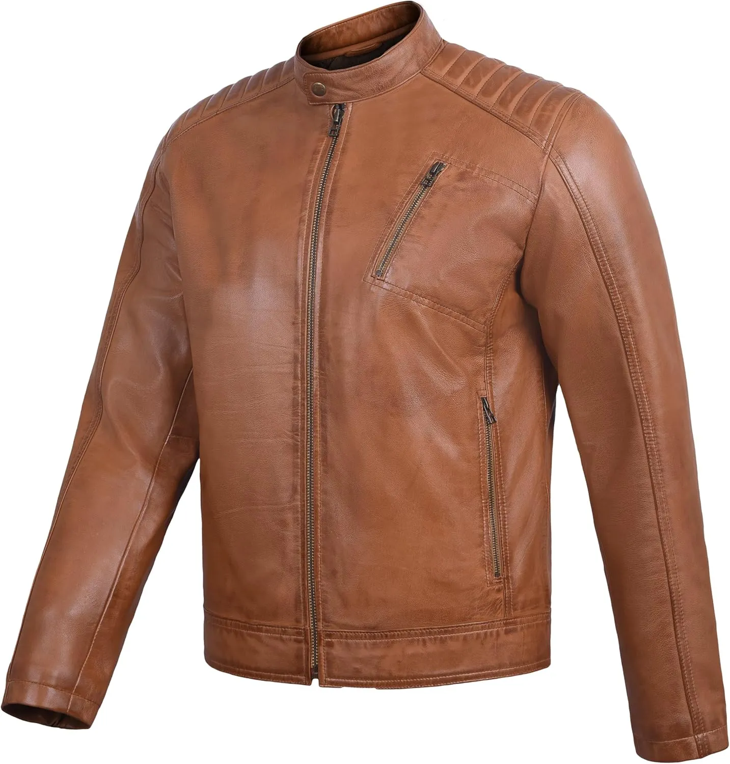 Men's Genuine Lambskin Leather Motorcycle Jacket  Vintage Cafe Racer Style Slim Fit Biker Coat