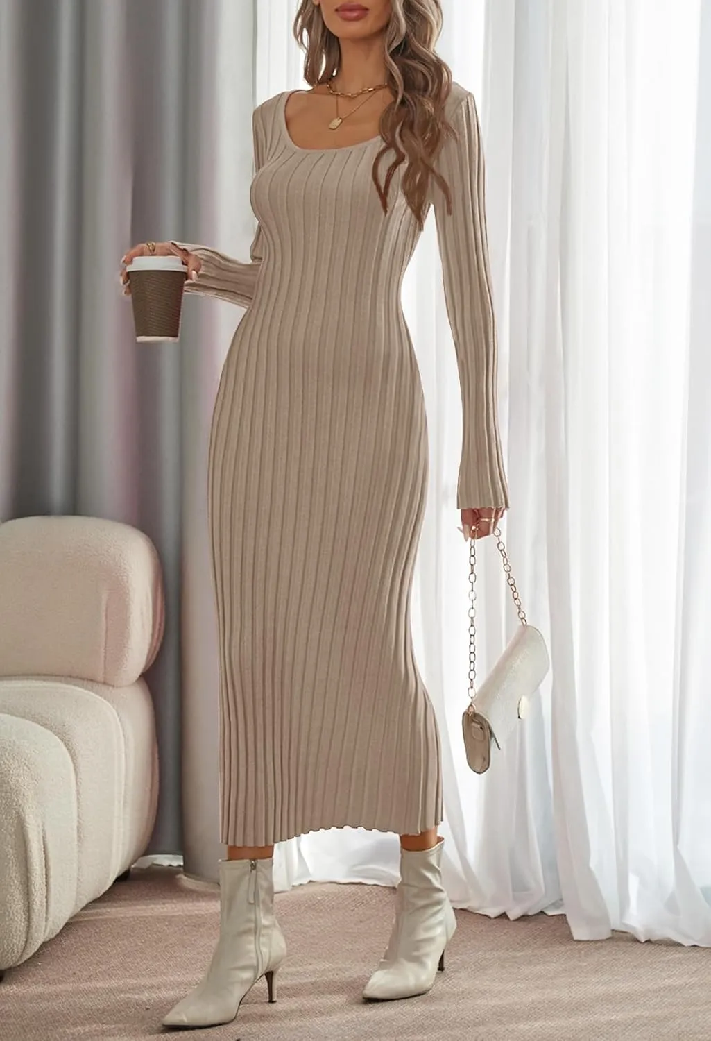 MEROKEETY Women's Fall Long Sleeve Sweater Dress Casual Ribbed Knit Slim Fit Bodycon Maxi Dresses